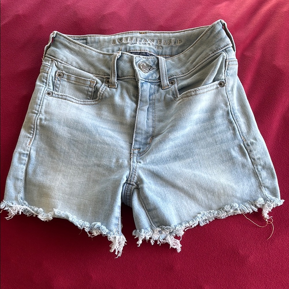 American Eagle Outfitters Blue Jean Shorts Distressed Cut-Off Stretch Size 2